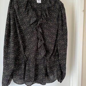 CAbi Blouse Black w/‎ Colorful Tiny Hearts, Peplum, Ruffles Neckline, Snaps L